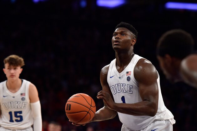 NEW YORK, NY - DECEMBER 20: Zion Williamson #1 of the Duke Blue Devils concentrates at the free-throw line against the Texas Tech Red Raiders in the second half at Madison Square Garden on December 20, 2018 in New York City. (Photo by Lance King/Getty Images)