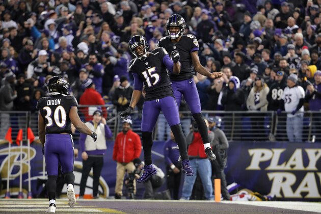 Baltimore Ravens wide receiver Michael Crabtree (15) and quarterback Lamar Jackson (8) celebrate Jackson's touchdown in the first half of an NFL football game against the Cleveland Browns, Sunday, Dec. 30, 2018, in Baltimore. (AP Photo/Carolyn Kaster) Baltimore Ravens wide receiver Michael Crabtree (15) and quarterback Lamar Jackson (8) celebrate Jackson's touchdown in the first half of an NFL football game against the Cleveland Browns, Sunday, Dec. 30, 2018, in Baltimore. (AP Photo/Carolyn Kaster)