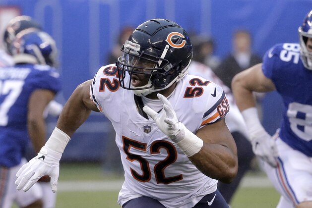 Chicago Bears outside linebacker Khalil Mack (52) in action against the New York Giants during the second half of an NFL football game, Sunday, Dec. 2, 2018, in East Rutherford, N.J. (AP Photo/Seth Wenig)