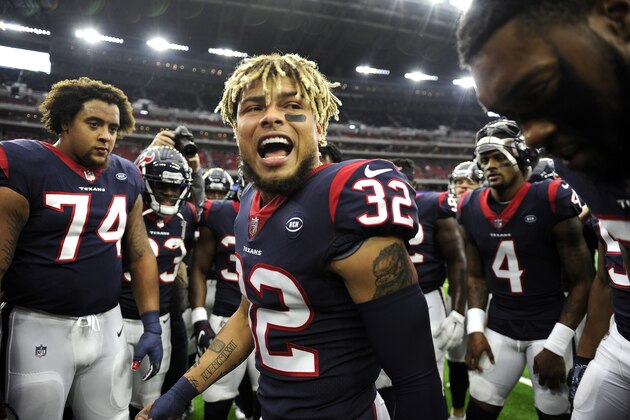 Houston Texans free safety Tyrann Mathieu (32) encourages teammates before heading into the locker room before an NFL football game against the Indianapolis Colts Sunday, Dec. 9, 2018, in Houston. (AP Photo/Eric Christian Smith)