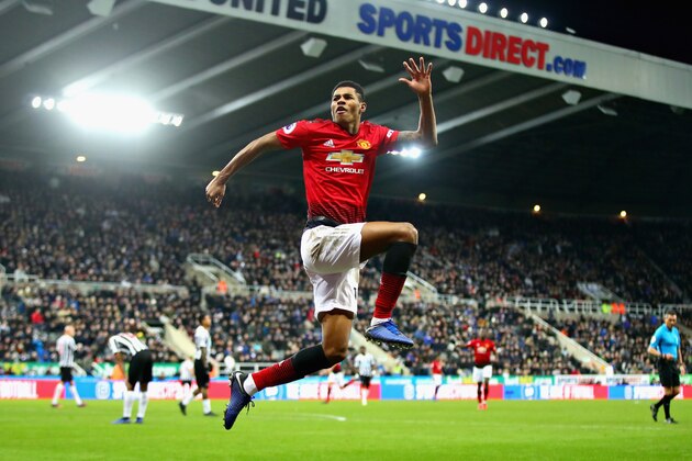 NEWCASTLE UPON TYNE, ENGLAND - JANUARY 02:  Marcus Rashford of Manchester United celebrates scoring his sides second goal during the Premier League match between Newcastle United and Manchester United at St. James Park on January 2, 2019 in Newcastle upon Tyne, United Kingdom.  (Photo by Chris Brunskill/Fantasista/Getty Images)