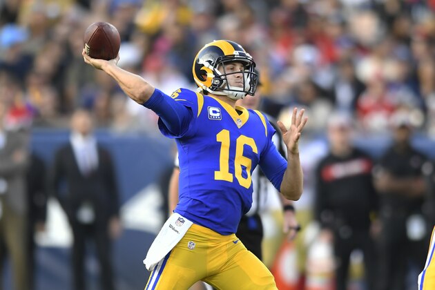 LOS ANGELES, CA - DECEMBER 30: Jared Goff #16 of the Los Angeles Rams throws a pass against the San Francisco 49ers in the thrid quarter at Los Angeles Memorial Coliseum on December 30, 2018 in Los Angeles, California. (Photo by John McCoy/Getty Images)