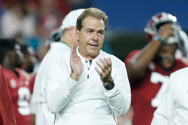 MIAMI, FL - DECEMBER 29:  Head coach Nick Saban of the Alabama Crimson Tide looks on prior to the game against the Oklahoma Sooners during the College Football Playoff Semifinal at the Capital One Orange Bowl at Hard Rock Stadium on December 29, 2018 in Miami, Florida.  (Photo by Michael Reaves/Getty Images)
