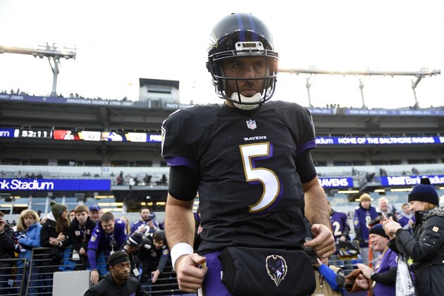 Baltimore Ravens quarterback Joe Flacco walks onto the field before an NFL football game against the Cleveland Browns, Sunday, Dec. 30, 2018, in Baltimore. (AP Photo/Nick Wass)