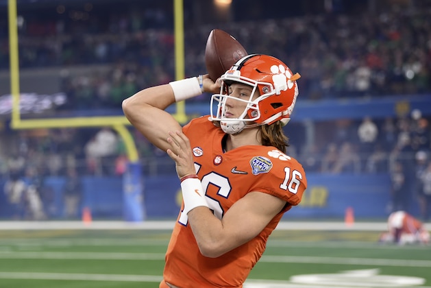Clemson quarterback Trevor Lawrence (16) warms up before the NCAA Cotton Bowl semi-final playoff football game against Notre Dame on Saturday, Dec. 29, 2018, in Arlington, Texas. (AP Photo/ Jeffrey McWhorter)