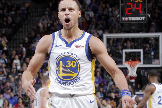 SACRAMENTO, CA - JANUARY 5: Stephen Curry #30 of the Golden State Warriors reacts against the Sacramento Kings on January 5, 2019 at Golden 1 Center in Sacramento, California. NOTE TO USER: User expressly acknowledges and agrees that, by downloading and or using this Photograph, user is consenting to the terms and conditions of the Getty Images License Agreement. Mandatory Copyright Notice: Copyright 2019 NBAE (Photo by Rocky Widner/NBAE via Getty Images) SACRAMENTO, CA - JANUARY 5: Stephen Curry #30 of the Golden State Warriors reacts against the Sacramento Kings on January 5, 2019 at Golden 1 Center in Sacramento, California. NOTE TO USER: User expressly acknowledges and agrees that, by downloading and or using this Photograph, user is consenting to the terms and conditions of the Getty Images License Agreement. Mandatory Copyright Notice: Copyright 2019 NBAE (Photo by Rocky Widner/NBAE via Getty Images)