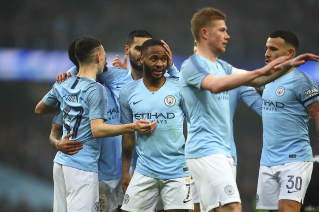 MANCHESTER, ENGLAND - JANUARY 06: Raheem Sterling of Manchester City celebrates with his team mates after scoring a goal to make it 1-0 during the FA Cup Third Round match between Manchester City and Rotherham United at Etihad Stadium on January 6, 2019 in Manchester, United Kingdom. (Photo by Robbie Jay Barratt - AMA/Getty Images)