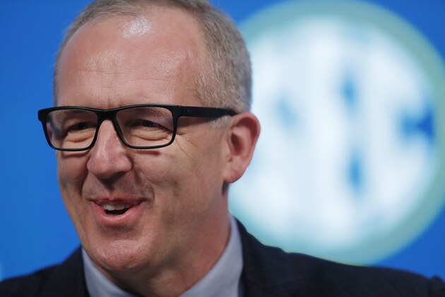 SEC Commissioner Greg Sankey speaks during a news conference, Friday, Nov. 30, 2018, in Atlanta. Georgia and Alabama will play Saturday in the Southeastern Conference championship NCAA college football game. (AP Photo/John Bazemore)
