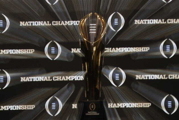 The championship trophy is seen before a news conference for the NCAA college football playoff championship game between Alabama and Clemson Sunday, Jan. 6, 2019, in Santa Clara, Calif. (AP Photo/David J. Phillip) The championship trophy is seen before a news conference for the NCAA college football playoff championship game between Alabama and Clemson Sunday, Jan. 6, 2019, in Santa Clara, Calif. (AP Photo/David J. Phillip)