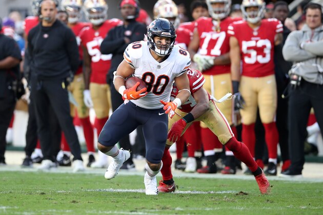 SANTA CLARA, CA - DECEMBER 23:  Trey Burton #80 of the Chicago Bears in action during the game against the San Francisco 49ers at Levi Stadium on December 23, 2018 in Santa Clara, CA. The Bears defeated the 49ers 14-9.  (Photo by Rob Leiter/Getty Images)