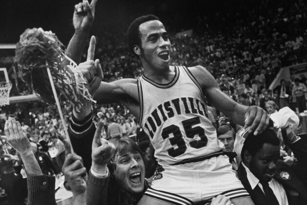FILE - In this March 24, 1980 file photo, Louisville's Darrell Griffith is hoisted on shoulders of teammates and fans after winning the NCAA basketball championship against UCLA, in Indianapolis. Shaquille O'Neal, Grant Hill and Griffith headline the 2014 College Basketball Hall of Fame class. (AP Photo/Brian Horton, File)