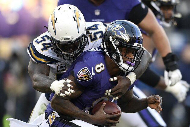 Los Angeles Chargers defensive end Melvin Ingram (54) sacks Baltimore Ravens quarterback Lamar Jackson in the second half of an NFL wild card playoff football game, Sunday, Jan. 6, 2019, in Baltimore. (AP Photo/Nick Wass)