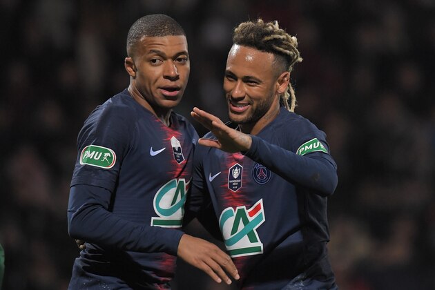 Paris Saint-Germain's Brazilian forward Neymar (R) celebrates with Paris Saint-Germain's  Kylian Mbappe after scoring a goal during the French Cup football match between GSI Pontivy and Paris Saint-Germain on January 6, 2019 at the Moustoir stadium in Lorient, western France. (Photo by LOIC VENANCE / AFP)        (Photo credit should read LOIC VENANCE/AFP/Getty Images)
