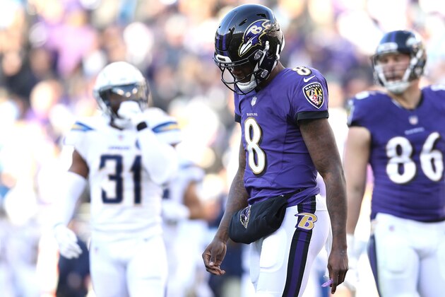 BALTIMORE, MARYLAND - JANUARY 06: Lamar Jackson #8 of the Baltimore Ravens reacts after a play against the Los Angeles Chargers during the third quarter in the AFC Wild Card Playoff game at M&T Bank Stadium on January 06, 2019 in Baltimore, Maryland. (Photo by Patrick Smith/Getty Images)