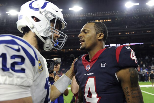 Indianapolis Colts quarterback Andrew Luck (12) and Houston Texans quarterback Deshaun Watson (4) talk following their NFL wild card playoff football game, Saturday, Jan. 5, 2019, in Houston. Indianapolis won 21-7. (AP Photo/Eric Christian Smith)