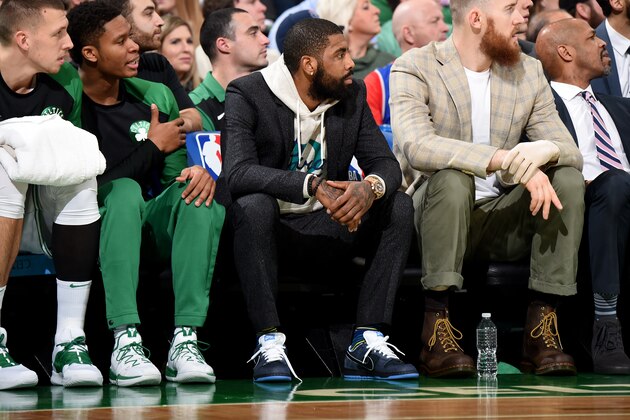 BOSTON, MA - JANUARY 4: Kyrie Irving #11 of the Boston Celtics looks on during the game against the Dallas Mavericks on January 4, 2019 at the TD Garden in Boston, Massachusetts. NOTE TO USER: User expressly acknowledges and agrees that, by downloading and/or using this photograph, user is consenting to the terms and conditions of the Getty Images License Agreement. Mandatory Copyright Notice: Copyright 2019 NBAE (Photo by Brian Babineau/NBAE via Getty Images)