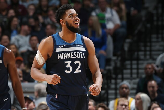 MINNEAPOLIS, MN - JANUARY 6: Karl-Anthony Towns #32 of the Minnesota Timberwolves reacts to a play during the game against the Los Angeles Lakers on January 6, 2019 at Target Center in Minneapolis, Minnesota. NOTE TO USER: User expressly acknowledges and agrees that, by downloading and/or using this photograph, user is consenting to the terms and conditions of the Getty Images License Agreement. Mandatory Copyright Notice: Copyright 2019 NBAE (Photo by David Sherman/NBAE via Getty Images) MINNEAPOLIS, MN - JANUARY 6: Karl-Anthony Towns #32 of the Minnesota Timberwolves reacts to a play during the game against the Los Angeles Lakers on January 6, 2019 at Target Center in Minneapolis, Minnesota. NOTE TO USER: User expressly acknowledges and agrees that, by downloading and/or using this photograph, user is consenting to the terms and conditions of the Getty Images License Agreement. Mandatory Copyright Notice: Copyright 2019 NBAE (Photo by David Sherman/NBAE via Getty Images)