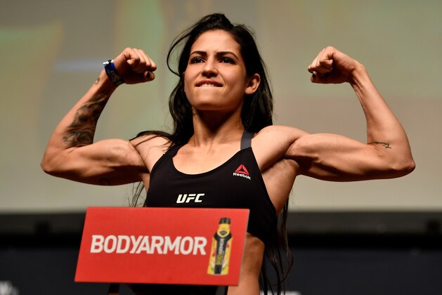 LOS ANGELES, CA - AUGUST 03:  Polyana Viana of Brazil poses on the scale during the UFC 227 weigh-in inside the Orpheum Theater on August 3, 2018 in Los Angeles, California. (Photo by Jeff Bottari/Zuffa LLC/Zuffa LLC via Getty Images)