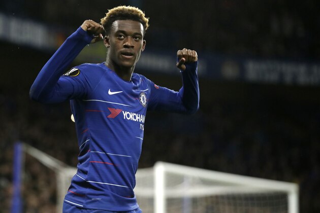 Chelsea's Callum Hudson-Odoi celebrates after scoring his team's third goal during the Europa League Group L soccer match between Chelsea and PAOK at Stamford Bridge stadium, in London, Thursday, Nov. 29, 2018. (AP Photo/Matt Dunham) Chelsea's Callum Hudson-Odoi celebrates after scoring his team's third goal during the Europa League Group L soccer match between Chelsea and PAOK at Stamford Bridge stadium, in London, Thursday, Nov. 29, 2018. (AP Photo/Matt Dunham)
