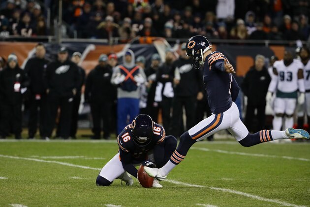CHICAGO, ILLINOIS - JANUARY 06:  Cody Parkey #1 of the Chicago Bears kicks a field goal against the Philadelphia Eagles in the second quarter of the NFC Wild Card Playoff game at Soldier Field on January 06, 2019 in Chicago, Illinois. (Photo by Jonathan Daniel/Getty Images)