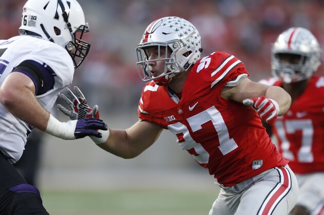 Ohio State defensive end Nick Bosa plays against Northwestern during an NCAA college football game Saturday, Oct. 29, 2016, in Columbus, Ohio. (AP Photo/Jay LaPrete)