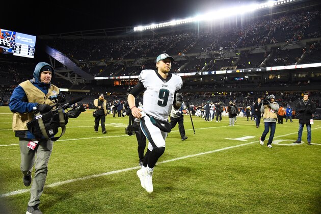 CHICAGO, ILLINOIS - JANUARY 06:  Nick Foles #9 of the Philadelphia Eagles celebrates their 16 to 15 win over the Chicago Bears in the NFC Wild Card Playoff game at Soldier Field on January 06, 2019 in Chicago, Illinois. (Photo by Stacy Revere/Getty Images)