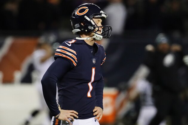 CHICAGO, ILLINOIS - JANUARY 06:  Cody Parkey #1 of the Chicago Bears reacts after missing a field goal attempt in the final moments of their 15 to 16 loss to the Philadelphia Eagles in the NFC Wild Card Playoff game at Soldier Field on January 06, 2019 in Chicago, Illinois. (Photo by Jonathan Daniel/Getty Images)
