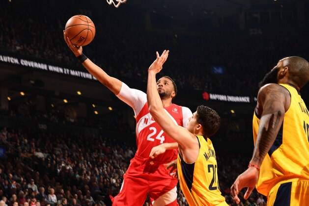 TORONTO, CANADA - JANUARY 6: Norman Powell #24 of the Toronto Raptors drives to the basket against the Indiana Pacers on January 6, 2019 at the Scotiabank Arena in Toronto, Ontario, Canada.  NOTE TO USER: User expressly acknowledges and agrees that, by downloading and or using this Photograph, user is consenting to the terms and conditions of the Getty Images License Agreement.  Mandatory Copyright Notice: Copyright 2019 NBAE (Photo by Ron Turenne/NBAE via Getty Images)