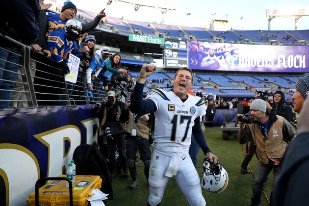 BALTIMORE, MARYLAND - JANUARY 06: Philip Rivers #17 of the Los Angeles Chargers celebrates after defeating the Baltimore Ravens after the AFC Wild Card Playoff game at M&T Bank Stadium on January 06, 2019 in Baltimore, Maryland. The Chargers defeated the Ravens with a score of 23 to 17.
 (Photo by Rob Carr/Getty Images)