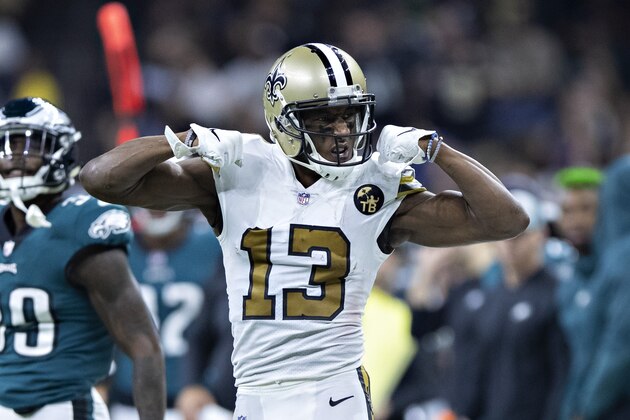 NEW ORLEANS, LA - NOVEMBER 18: Michael Thomas #13 of the New Orleans Saints flexes his muscles after a big catch during a game against the Philadelphia Eagles at Mercedes-Benz Superdome on November 18, 2018 in New Orleans, Louisiana. The Saints defeated the Eagles 48-7. (Photo by Wesley Hitt/Getty Images) NEW ORLEANS, LA - NOVEMBER 18: Michael Thomas #13 of the New Orleans Saints flexes his muscles after a big catch during a game against the Philadelphia Eagles at Mercedes-Benz Superdome on November 18, 2018 in New Orleans, Louisiana. The Saints defeated the Eagles 48-7. (Photo by Wesley Hitt/Getty Images)