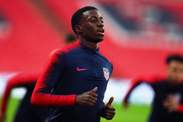 LONDON, ENGLAND - NOVEMBER 14:  Timothy Weah of the USA attends a training session ahead of the International Friendly between England and the USA at Wembley Stadium on November 14, 2018 in London, England.  (Photo by Catherine Ivill/Getty Images)