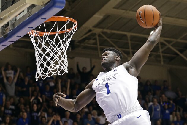Duke's Zion Williamson (1) dunks during the second half of an NCAA college basketball game against Clemson in Durham, N.C., Saturday, Jan. 5, 2019. Duke won 87-68. (AP Photo/Gerry Broome)