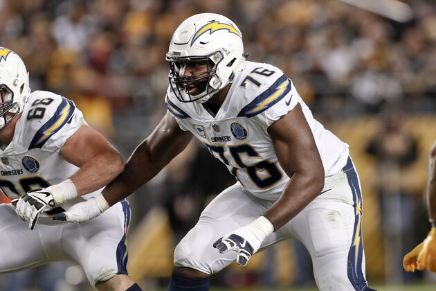 Los Angeles Chargers offensive tackle Russell Okung (76) plays against the Pittsburgh Steelers in an NFL football game, Sunday, Dec. 2, 2018, in Pittsburgh. (AP Photo/Don Wright) Los Angeles Chargers offensive tackle Russell Okung (76) plays against the Pittsburgh Steelers in an NFL football game, Sunday, Dec. 2, 2018, in Pittsburgh. (AP Photo/Don Wright)