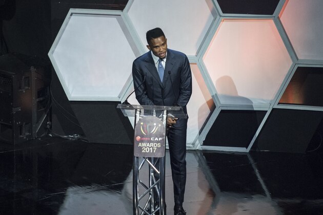 Former African Footballer of the Year and Cameroonian striker Samuel Eto'oFils speak during the press conference after the CAF awards at the Accra International Press Conference in Accra, on January 4, 2018. / AFP PHOTO / CRISTINA ALDEHUELA        (Photo credit should read CRISTINA ALDEHUELA/AFP/Getty Images)