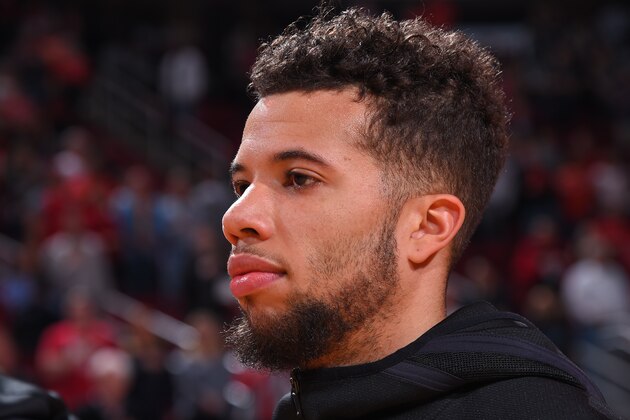 HOUSTON, TX - DECEMBER 17:  Michael Carter-Williams #1 of the Houston Rockets during the national anthem before the game against the Utah Jazz on December 17, 2018 at the Toyota Center in Houston, Texas. NOTE TO USER: User expressly acknowledges and agrees that, by downloading and or using this photograph, User is consenting to the terms and conditions of the Getty Images License Agreement. Mandatory Copyright Notice: Copyright 2018 NBAE (Photo by Bill Baptist/NBAE via Getty Images)