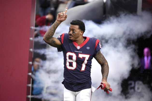Houston Texans wide receiver Demaryius Thomas (87) is introduced before an NFL football game against the Indianapolis Colts Sunday, Dec. 9, 2018, in Houston. (AP Photo/Eric Christian Smith)