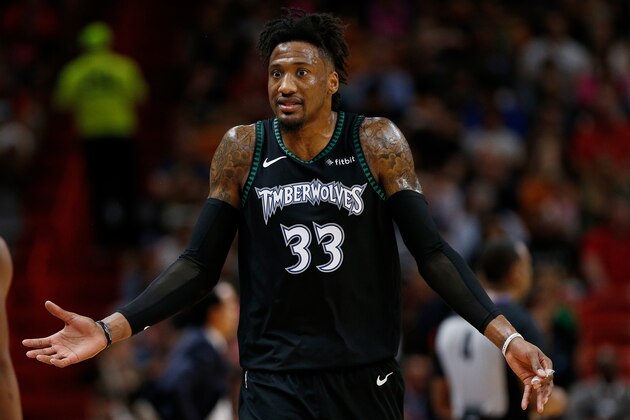 MIAMI, FL - DECEMBER 30:  Robert Covington #33 of the Minnesota Timberwolves looks on against the Miami Heat at American Airlines Arena on December 30, 2018 in Miami, Florida. NOTE TO USER: User expressly acknowledges and agrees that, by downloading and or using this photograph, User is consenting to the terms and conditions of the Getty Images License Agreement.  (Photo by Michael Reaves/Getty Images)