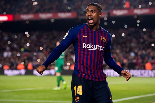BARCELONA, SPAIN - DECEMBER 05:  Malcom of FC Barcelona celebrates after scoring his team's third goal during the Copa del Rey fourth round second leg match between FC Barcelona and Cultural Leonesa at Camp Nou on December 05, 2018 in Barcelona, Spain.  (Photo by Alex Caparros/Getty Images)