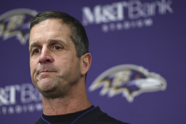 Baltimore Ravens head coach John Harbaugh speaks at a news conference after an NFL wild card playoff football game against the Los Angeles Chargers, Sunday, Jan. 6, 2019, in Baltimore. (AP Photo/Gail Burton)