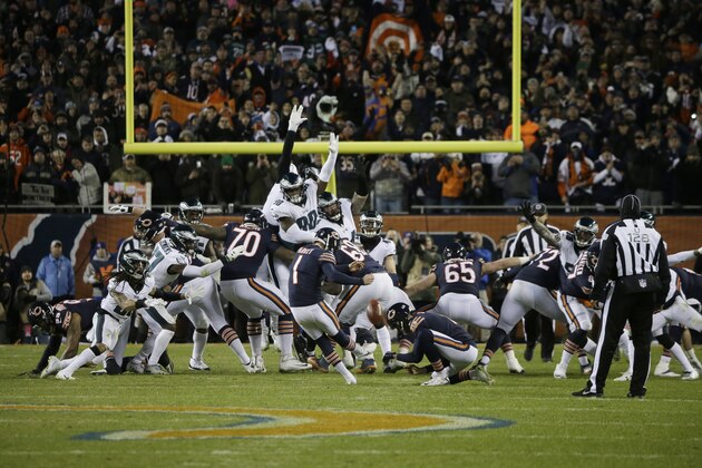 Chicago Bears kicker Cody Parkey (1) kicks and misses a field goal during the second half of an NFL wild-card playoff football game against the Philadelphia Eagles Sunday, Jan. 6, 2019, in Chicago. The Eagles won 16-15. (AP Photo/David Banks)