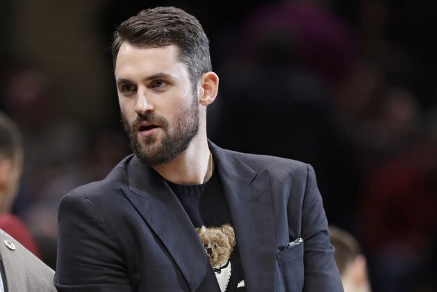 Cleveland Cavaliers' Kevin Love is shown during a timeout in the second half of an NBA basketball game against the Washington Wizards, Saturday, Dec. 8, 2018, in Cleveland. (AP Photo/Tony Dejak)