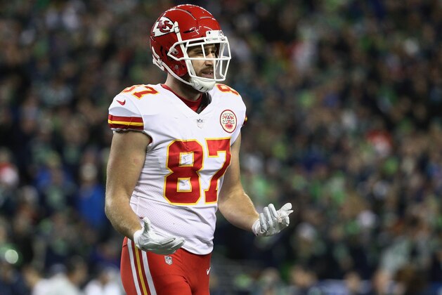 SEATTLE, WA - DECEMBER 23:  Travis Kelce #87 of the Kansas City Chiefs reacts after teammate Damien Williams #26 (not pictured) fumbled the ball during the second quarter of the game at CenturyLink Field on December 23, 2018 in Seattle, Washington.  (Photo by Abbie Parr/Getty Images)