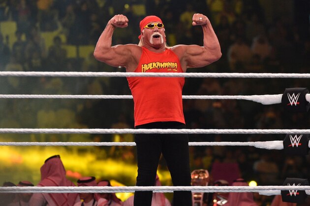 Wrestling legend Hulk Hogan greets the crowd during the World Wrestling Entertainment (WWE) Crown Jewel pay-per-view at the King Saud University Stadium in Riyadh on November 2, 2018. (Photo by Fayez Nureldine / AFP)        (Photo credit should read FAYEZ NURELDINE/AFP/Getty Images)