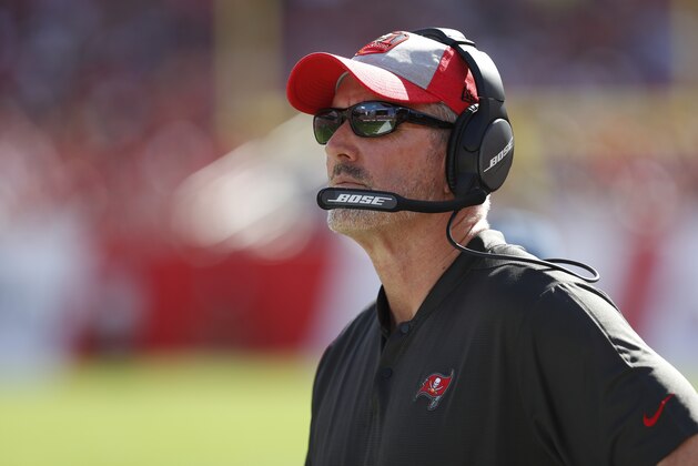 Tampa Bay Buccaneers head coach Dirk Koetter during the first half of an NFL football game against the Atlanta Falcons Sunday, Dec. 30, 2018, in Tampa, Fla. (AP Photo/Mark LoMoglio)