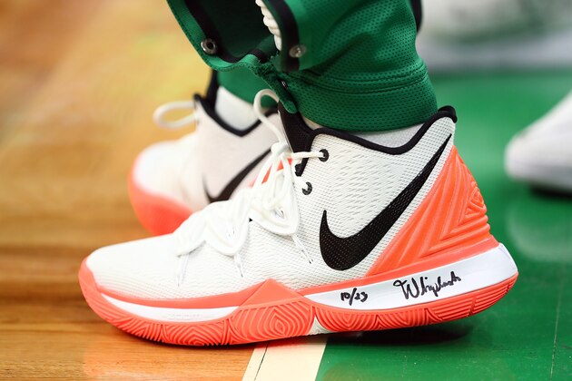 BOSTON, MA - JANUARY 07:  A detailed view of the shoes of Kyrie Irving #11 of the Boston Celtics during a game against the Brooklyn Nets at TD Garden on January 7, 2019 in Boston, Massachusetts. NOTE TO USER: User expressly acknowledges and agrees that, by downloading and or using this photograph, User is consenting to the terms and conditions of the Getty Images License Agreement. (Photo by Adam Glanzman/Getty Images)
