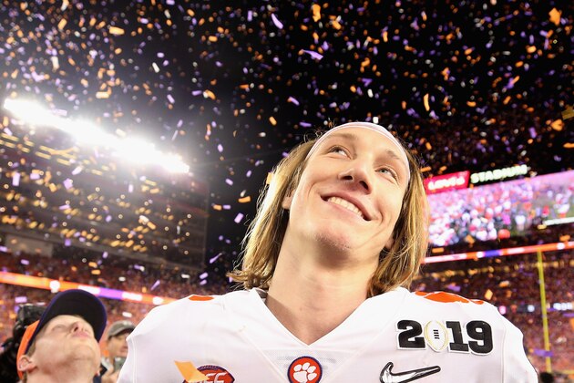 SANTA CLARA, CA - JANUARY 07:  Trevor Lawrence #16 of the Clemson Tigers reacts after his teams 44-16 win over the Alabama Crimson Tide in the CFP National Championship presented by AT&T at Levi's Stadium on January 7, 2019 in Santa Clara, California.  (Photo by Christian Petersen/Getty Images)