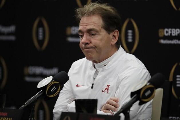 Alabama head coach Nick Saban reacts after the NCAA college football playoff championship game against Clemson, Monday, Jan. 7, 2019, in Santa Clara, Calif. Clemson beat Alabama 44-16. (AP Photo/Ben Margot)
