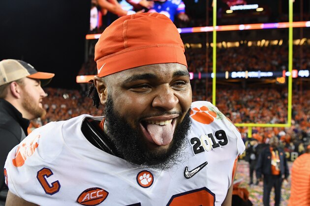 SANTA CLARA, CA - JANUARY 07:  Christian Wilkins #42 of the Clemson Tigers celebrates his teams 44-16 win over the Alabama Crimson Tide in the CFP National Championship presented by AT&T at Levi's Stadium on January 7, 2019 in Santa Clara, California.  (Photo by Thearon W. Henderson/Getty Images)