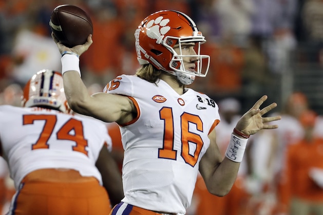 Clemson's Trevor Lawrence throws during the first half the NCAA college football playoff championship game against Alabama, Monday, Jan. 7, 2019, in Santa Clara, Calif. (AP Photo/Chris Carlson)