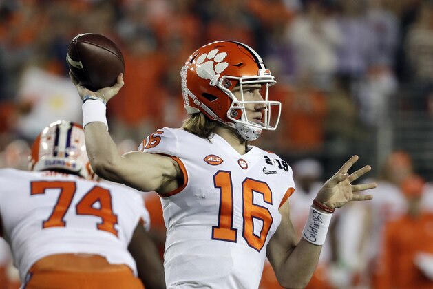 Clemson's Trevor Lawrence throws during the first half the NCAA college football playoff championship game against Alabama, Monday, Jan. 7, 2019, in Santa Clara, Calif. (AP Photo/Chris Carlson)